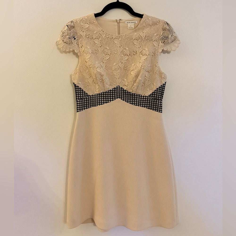 Club Monaco Zulandah Cream and Black textured cap sleeve Dress